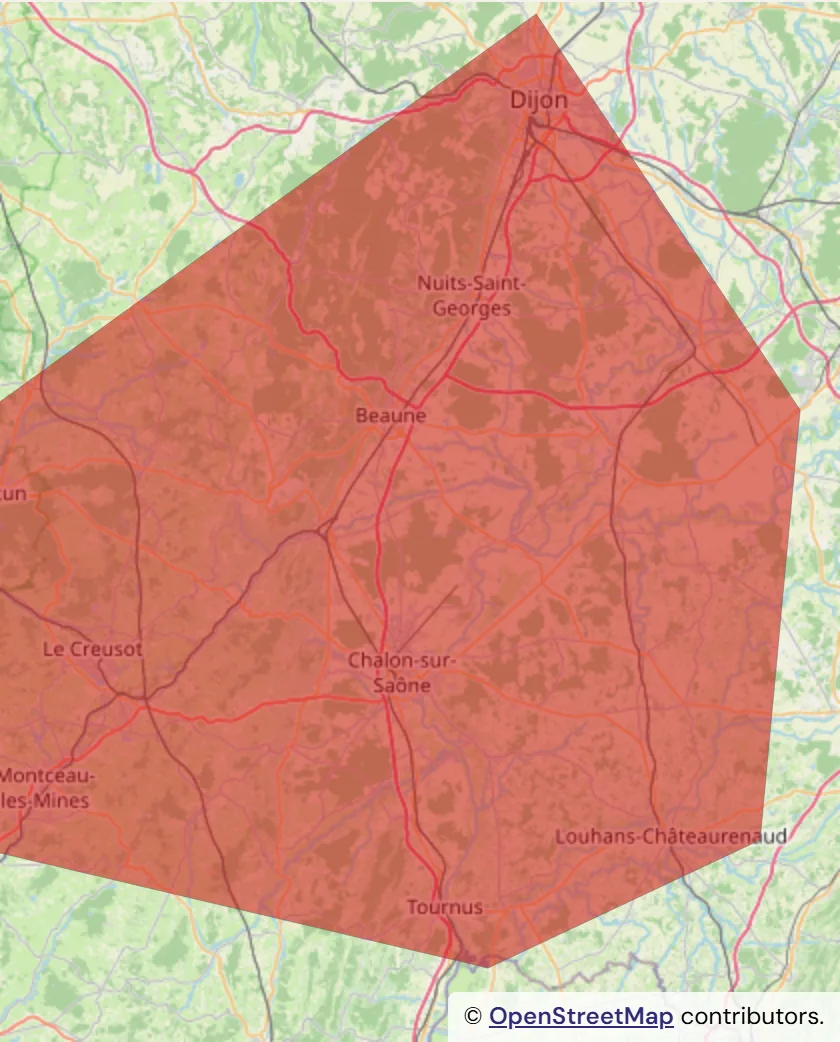 Carte de la zone d’intervention de Médian Events : Saône-et-Loire et Côte-d’Or, de Dijon à Tournus et de Montceau-les-Mines à Louhans